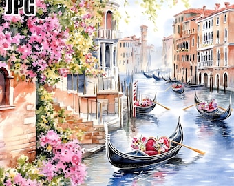 ヴェネツィアのゴンドラの水彩画クリップアート、ロマンチックな運河の