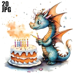 May include: A watercolor illustration of a friendly blue dragon lighting candles on a birthday cake. The cake is multi-layered with white frosting and colorful candles. The dragon has orange wings and is surrounded by a festive atmosphere.