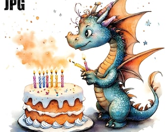 20 Whimsical Dragon Birthday Clipart, Dragon Clipart, High Quality JPGs, Watercolor Clipart, Junk Journal, Digital Download, Paper Craft