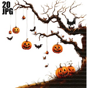 May include: Watercolor illustration of a Halloween scene featuring a bare tree adorned with hanging jack-o'-lanterns, bats, and spiders. The pumpkins have carved faces, and the overall color palette is orange, brown, and black.
