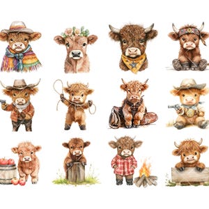 Pu&ograve; includere: Dodici illustrazioni ad acquerello di mucche Highland di cartoni animati carine in varie pose. Alcune mucche indossano cappelli da cowboy, bandane e altri accessori a tema western. Le mucche sono tutte marroni e bianche con pelliccia soffice.