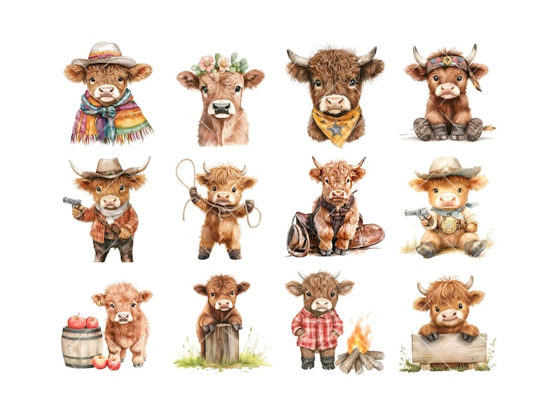 Pu&ograve; includere: Dodici illustrazioni ad acquerello di mucche Highland di cartoni animati carine in varie pose. Alcune mucche indossano cappelli da cowboy, bandane e altri accessori a tema western. Le mucche sono tutte marroni e bianche con pelliccia soffice.