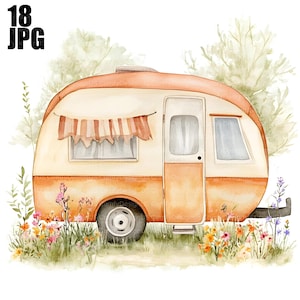 18 Camper Trailer Clipart, Camping Trailer, Camper Clipart, High Quality JPG, Watercolor Clipart, Junk Journal, Digital Download Paper Craft