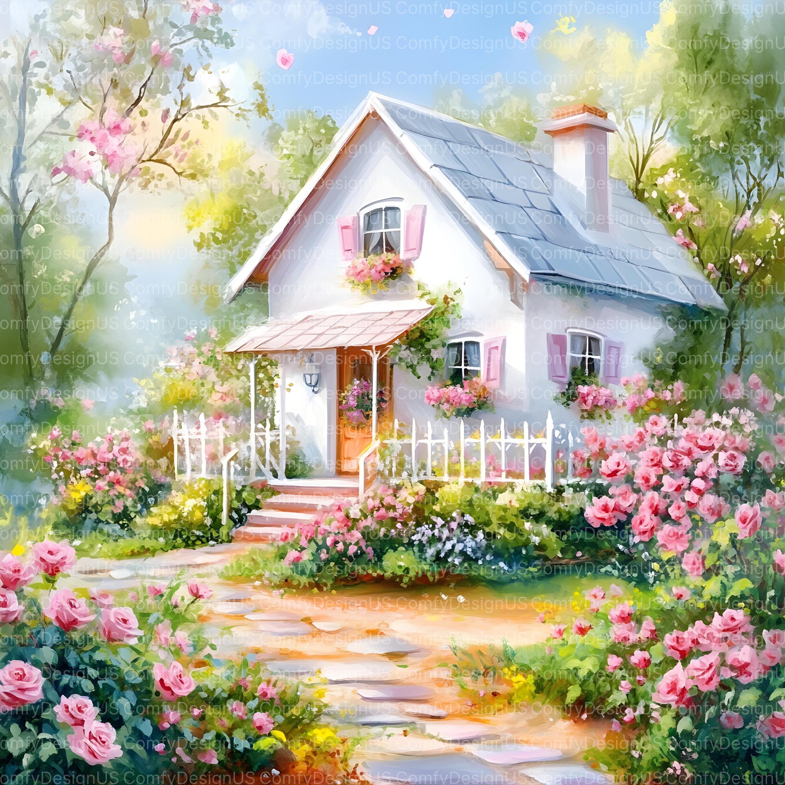 20 White Cottage in Spring Clipart Bundle, Watercolor House Clipart JPG ...