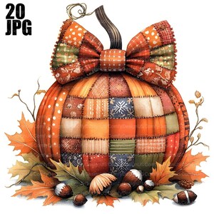 May include: A watercolour illustration of a patchwork pumpkin with a large bow on top. The pumpkin is orange with various fabric patterns. Autumn leaves, acorns, and a football surround the pumpkin. The text "20 JPG" is in the upper left corner.