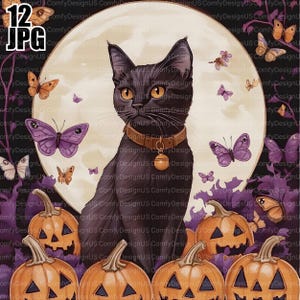 12 Witch Black Cat Clipart, Halloween Cat, Halloween Clipart, Quality JPGs, Watercolor Clipart, Junk Journal, Digital Download, Paper Craft