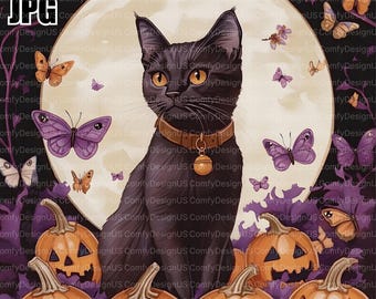 12 Witch Black Cat Clipart, Halloween Cat, Halloween Clipart, Quality JPGs, Watercolor Clipart, Junk Journal, Digital Download, Paper Craft