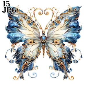 15 Clipart elegante de borboleta dourada, borboleta com joias, clipart aquarela imprimível JPGs de alta qualidade Download digital Diário de artesanato em papel