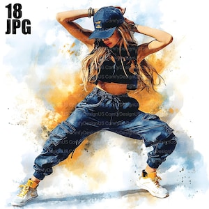Può includere: Illustrazione in stile acquerello di una persona in posa da ballo, con un top corto nero, pantaloni cargo blu e un berretto blu. La persona indossa scarpe da ginnastica bianche con dettagli gialli. L'immagine include il testo "18 JPG".