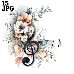 15 imágenes prediseñadas de notas musicales, imágenes prediseñadas musicales, arte de pared musical, imágenes prediseñadas de acuarela imprimibles JPG de alta calidad, descarga digital, diario basura