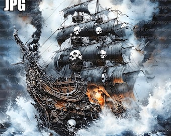 Terrifying Pirate Ship Clipart, Haunted Pirate Ship Clipart Bundle, 10 High Quality JPGs, Nautical Clipart, Junk Journal, Digital Download