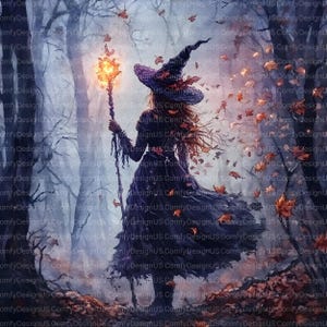 May include: A digital illustration of a witch in a black dress and hat, holding a staff with a glowing orange light. The witch is in a forest with falling autumn leaves, creating a mystical and seasonal theme.