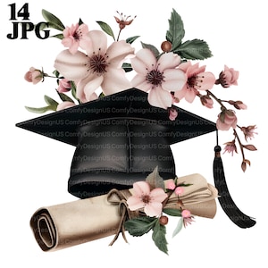 14 Aquarell-Abschluss-Sammlungs-Cliparts, Grad-Blumen-Clipart, Abschlusskappen-Clipart, druckbare Aquarell-Clipart, hochwertiges JPG