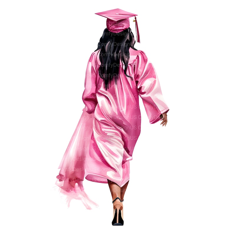 May include: A woman in a pink graduation gown and cap walks away from the camera. She is wearing black high heels and has long black hair.