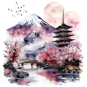 May include: Watercolor painting of a Japanese landscape with Mount Fuji, a pagoda, cherry blossoms, and a bridge over a river. The sky is pink and purple, and there are clouds in the background.