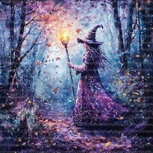 May include: Watercolor painting of a witch in a purple dress and hat, walking through a forest. She holds a staff with a glowing orb. The scene is set in autumn, with falling leaves and a mystical atmosphere.
