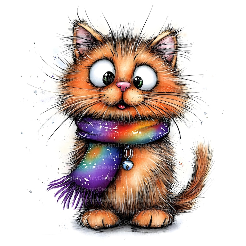 Op de afbeelding: Een grillige illustratie van een oranje kat met grote ogen en een verraste uitdrukking. De kat draagt een kleurrijke regenboog sjaal en een klein belletje. Het kunstwerk heeft een aquarel stijl met zachte randen en een witte achtergrond.