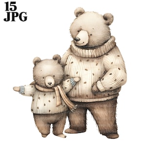 15 imágenes prediseñadas de Papá Oso, imágenes prediseñadas del Día del Padre, bebé oso, papá e hijo, oso de acuarela, imágenes prediseñadas de acuarela imprimibles, archivos JPG de alta calidad