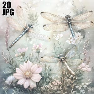 Puede incluir: Tres libélulas delicadas con alas translúcidas posadas sobre una pintura de acuarela de un campo de flores. Las flores son en tonos de rosa y blanco, y el fondo es de un verde suave.