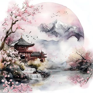 May include: A watercolor painting of a Japanese temple with a waterfall in front of it. The temple is red and has a curved roof. The waterfall is flowing down a rocky cliff. There are cherry blossom trees in the foreground and background. The mountains in the background are covered in snow. The sky is pink and the clouds are white.