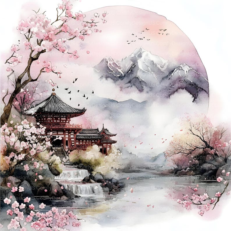 May include: A watercolor painting of a Japanese temple with a waterfall in front of it. The temple is red and has a curved roof. The waterfall is flowing down a rocky cliff. There are cherry blossom trees in the foreground and background. The mountains in the background are covered in snow. The sky is pink and the clouds are white.