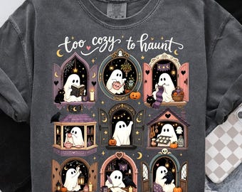 Too Cozy To Haunt Ghost PNG, Halloween Window Scene Png, Spooky Season Png, Cute Ghost Png, Trendy Halloween Png, Autumn Fall Shirt Png