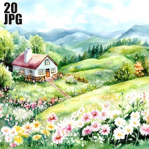 20 Spring Village Clipart, Green Landscape Clipart, Spring Clipart, Watercolor Clipart, Junk Journal, Digital Download, Paper Craft, JPG