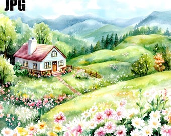 20 Spring Village clipart, groen landschap clipart, lente clipart, aquarel clipart, junk Journal, digitale download, Paper Craft, JPG