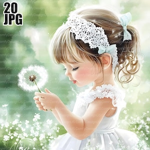 20 Clipart ragazza tarassaco, ragazza carina vestita, Clipart tarassaco, Clipart fiore, Clipart floreale, arredamento cameretta bambina, download digitale, JPG