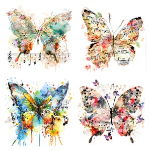 May include: Four watercolor butterflies with musical notes and splashes of color. Each butterfly has a unique color scheme and design.