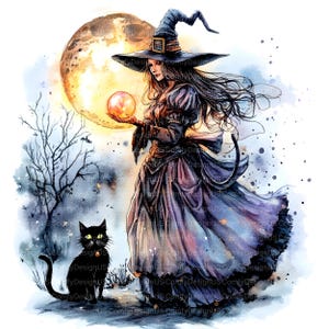 May include: Watercolor illustration of a witch in a dark purple dress and hat, holding a glowing orb. A black cat with green eyes sits nearby. A full moon and bare tree branches are in the background. The image has a fantasy theme.
