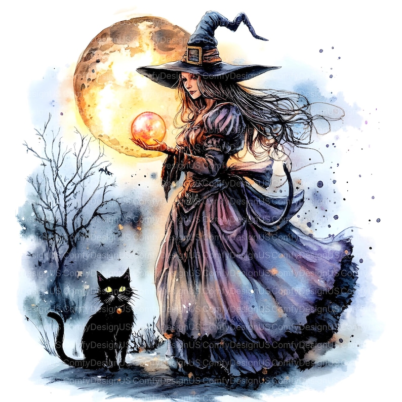 May include: Watercolor illustration of a witch in a dark purple dress and hat, holding a glowing orb. A black cat with green eyes sits nearby. A full moon and bare tree branches are in the background. The image has a fantasy theme.