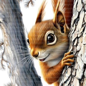 May include: A close-up of a red squirrel peeking out from behind a tree trunk. The squirrel has large, dark eyes and a bushy tail. The tree trunk is brown and has a rough texture.