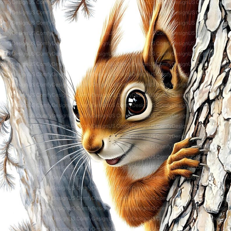 May include: A close-up of a red squirrel peeking out from behind a tree trunk. The squirrel has large, dark eyes and a bushy tail. The tree trunk is brown and has a rough texture.