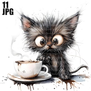 11 gatinho peculiar bebendo café, gato peculiar, gato rabugento, animal peculiar, amante de gatos, clipart de animal, clipart de café, download digital, JPG