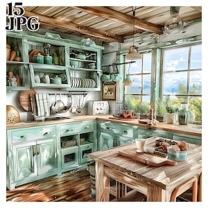 Rustic Nature Wood Style Kitchen Clipart Bundle, Countryside Kitchen, Rustic Kitchen, Natural Wood Kitchen, Kitchen Interior Watercolor JPGs