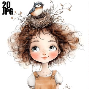 20 schrullig Messy Hair Mädchen mit Vogel Clipart, Nest Clipart, süßes Mädchen Clipart, wunderliche Elemente, Junk Journal, digitaler Download, JPG