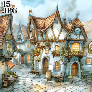 15 clipart de vila caprichosa, imagens de cidade caprichosa, casas medievais, clipart de aquarela para impressão, JPGs de alta qualidade, diário de lixo, digital