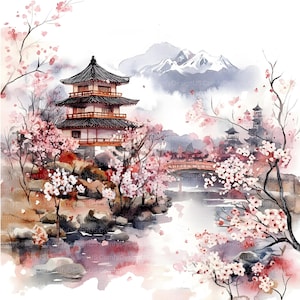 May include: A watercolor painting of a Japanese garden scene with a pagoda, a bridge, and cherry blossom trees. The pagoda is a traditional Japanese building with a red roof and white walls. The bridge is a wooden structure with a red railing. The cherry blossom trees are in full bloom, with pink flowers covering their branches. The painting is set against a backdrop of mountains.