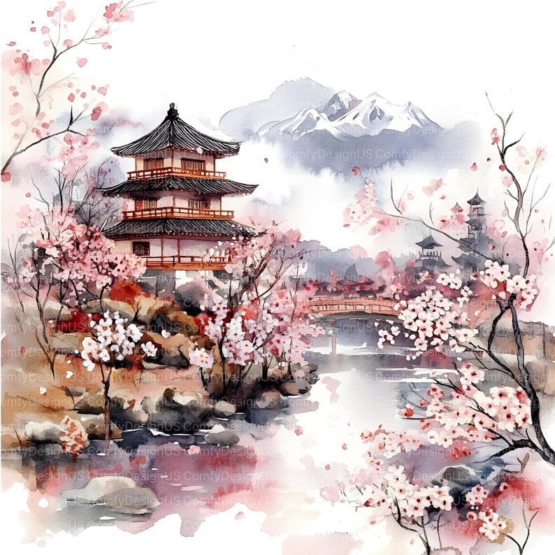 May include: A watercolor painting of a Japanese garden scene with a pagoda, a bridge, and cherry blossom trees. The pagoda is a traditional Japanese building with a red roof and white walls. The bridge is a wooden structure with a red railing. The cherry blossom trees are in full bloom, with pink flowers covering their branches. The painting is set against a backdrop of mountains.