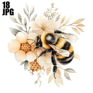 18 Floral Bee Clipart, Honeybee Clipart, Wildflower Clipart, Quality JPGs, Watercolor Clipart, Junk Journal, Digital Download, Paper Craft