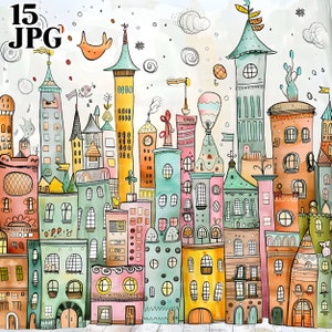 15 Wunderliche Stadt Clipart, Clipart Haus, Clipart Wohnung, druckbare Aquarell Clipart, hochwertige JPGs, digitaler Download, Junk-Journal