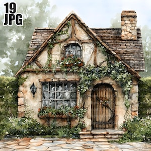 19 Old Stone Houses with Greenery Clipart, House Clipart, Home Clipart, Vintage House, Watercolor Clipart, Junk Journal Digital Download JPG