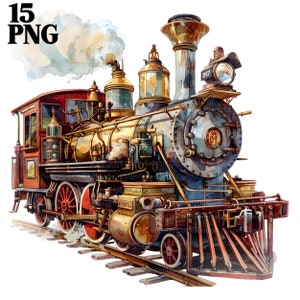 15 tren vintage victoriano antiguo, tren steampunk, tren png, tren de acuarela, tren clipart png imprimible acuarela clipart calidad PNG