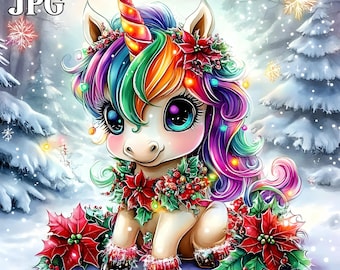 May include: A whimsical illustration of a unicorn in a snowy winter scene. The unicorn has a colorful mane and horn, adorned with Christmas lights and poinsettias. The image includes the text "15 JPG".