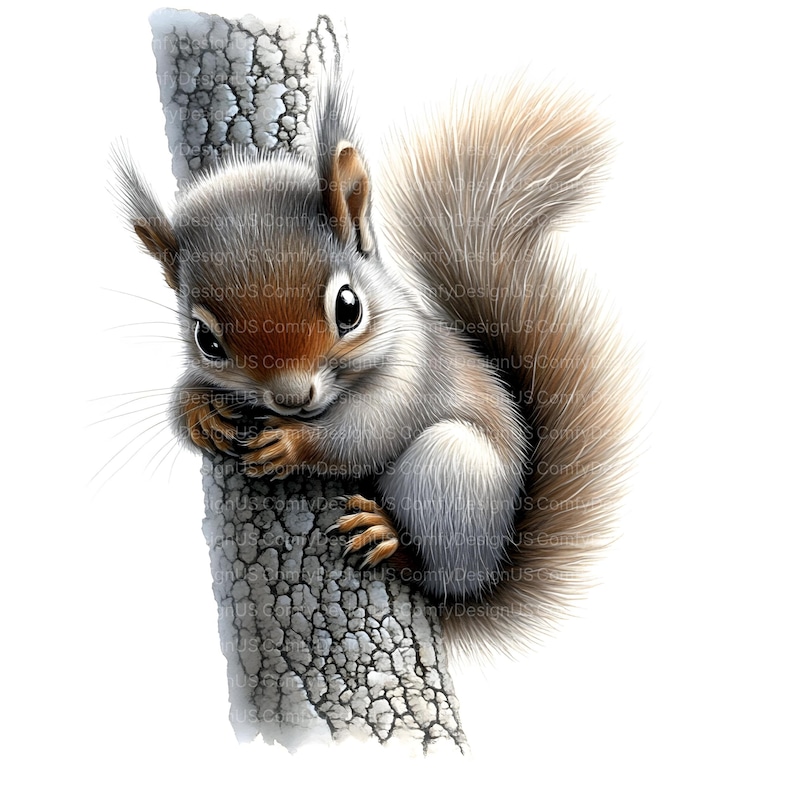 May include: A cute, cartoon-style squirrel with brown fur and a bushy tail is perched on a tree trunk. The squirrel has large, dark eyes and a sweet expression.
