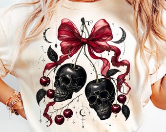 Skull Cherry PNG, Gothic Cherry Bow Png, Halloween Vibes Png, Coquette Lace Bow Png, Spooky Cherries Png, Halloween Girly Png, Skull Png