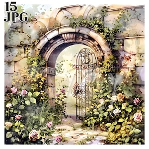 15 Clipart de jardim secreto, jardim vintage, flores, clipart em aquarela para impressão, JPGs de alta qualidade Download digital Paper Craft Junk Journal