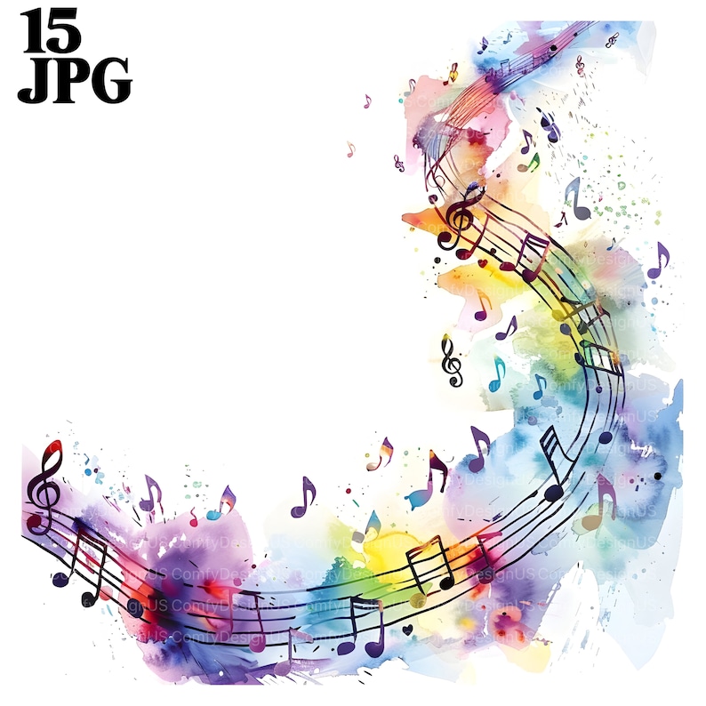 May include: Abstract watercolor background with colorful musical notes and a treble clef. The notes are arranged in a flowing pattern, creating a sense of movement and energy.