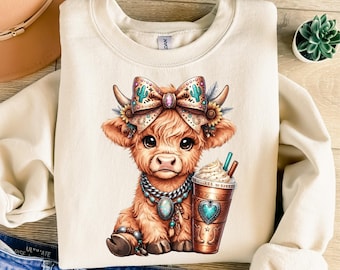 Highland Cow Coffee Lover PNG, Western Cowgirl Sublimation Designs, Cute Baby Cow With Iced Coffee Graphic Download, Cow Lover Gift